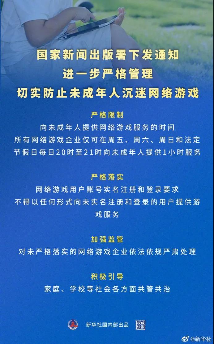 國家新聞出版署下發(fā)《關(guān)于進(jìn)一步嚴(yán)格管理 切實(shí)防止未成年人沉迷網(wǎng)絡(luò)游戲的通知》